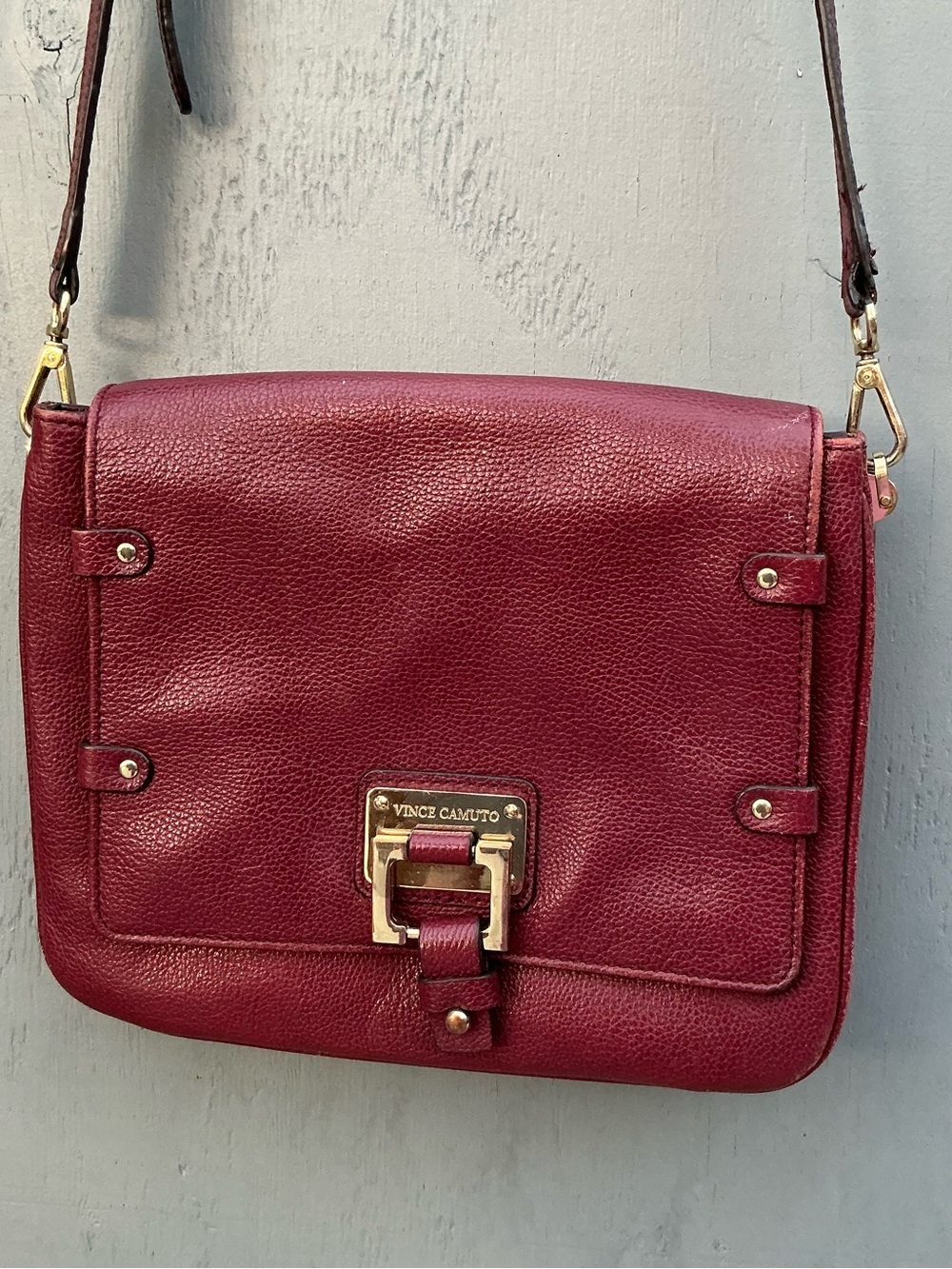 Vintage Vince Camuto Wine Red Pebbled Leather Crossbody with Gold Hardware